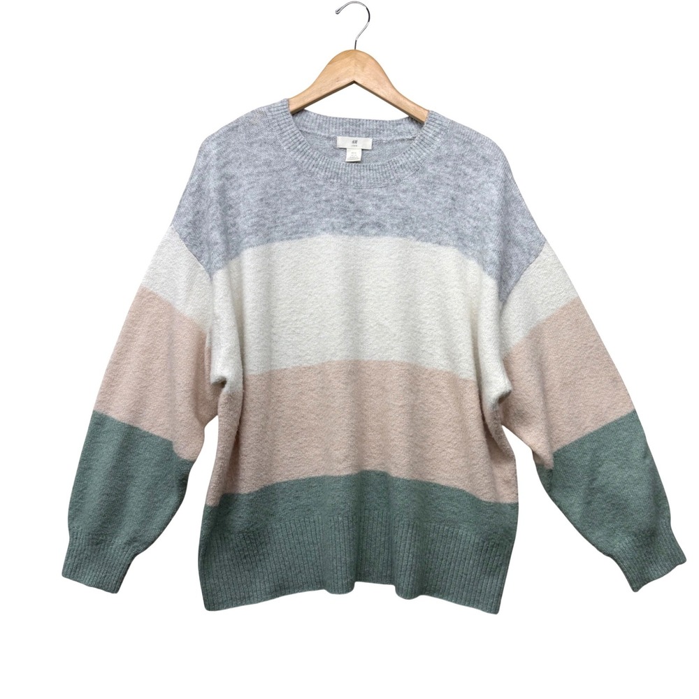 H&M‎ LOGG Womens XL Colorblock Knit Sweater Grey Pink Green Wool Blend Crew Neck